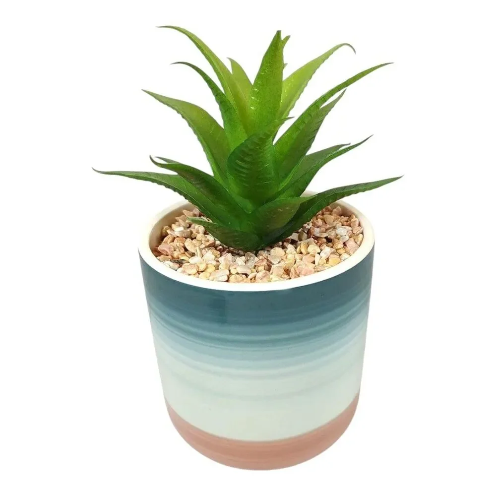 Fake Succulent Potted Houseplant Cobalt Blue White Pink Ceramic Pebbles New